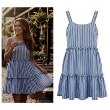 Mini abito misto lino a strati beachlunchlounge taglia S blu bianco a righe costiere Plaj Giysisi price