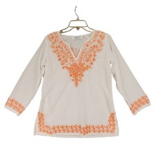 Top tunica tartaruga snappy tg S donna bianco arancione ricamato paisley floreale boho Tunica modest fashion price