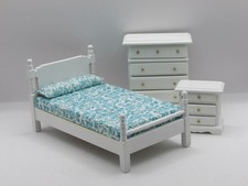 Casa delle Bambole Miniatura Legno Bianco Set Camera da Letto con Tessuto Floreale Blu 05082 Set Fototessili per La Camera da Letto & Dowry price
