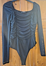Body nero a rete Quiz taglia 12 increspato manica lunga festa uscire top UK 12 Bodysuit Donna price