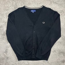Fred Perry SK2077 Cardigan Mens L Black Cotton V-Neck Laurel Wreath Cardigans Uomo price