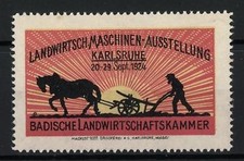 Marchio pubblicitario Karlsruhe, esposizione di macchine agricole 1924,... Etichetta Macchina price