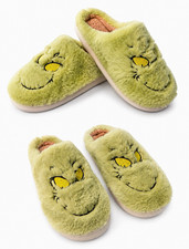 Pantofole slip-on in peluche pelliccia sintetica verde Grinch viso ricamato unisex 11 Pantofole price