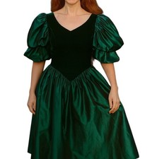 Abito vintage anni 80 ILGWU verde smeraldo velluto taffettà manica a sbuffo USA 7 Wedding Abito price
