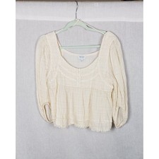 TRUE CRAFT Baby Doll Blouse Top L Ivory Textured Striped Gauze Boho Raw Hem Baby blouse price