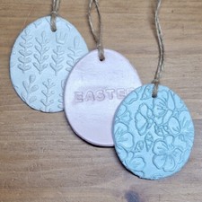 3 x embossed clay Easter egg decorations. Pastel door drawer hanging ornaments Baby Door Ornament price