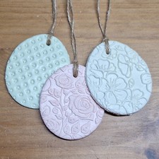 3 x embossed clay Easter egg decorations. Pastel door drawer hanging ornaments Baby Door Ornament price