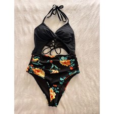 Floral Monokini One Piece Swimsuit Black Yellow Rose Cutout Lace Up Halter Monokini price