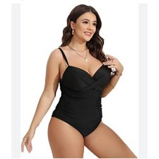Black Wrap Front Mesh One Piece Swimsuit Padded Ruched Monokini Swimwear 1x Monokini price
