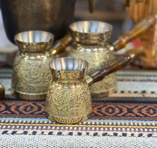 Set of 3 Handmade Engraved Brass Turkish Coffee Pots with Wooden Handles Bank Set price