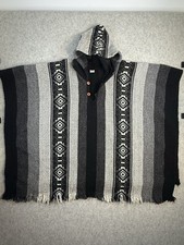 Tejidos Caymi Ecuador 100% Wool Hooded Poncho Fringe Aztec Geometric Gray Black Poncho price