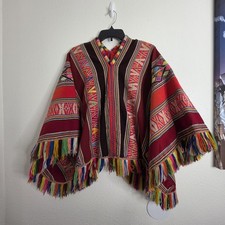 Peruvian Style  Poncho Embroidered Fringe Ethnic Tribal Hand Woven One Size Poncho price
