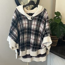 Talbots Poncho Cape Sz S Womens Plaid Cowlneck Lambswool Knitted Black Cream Poncho price