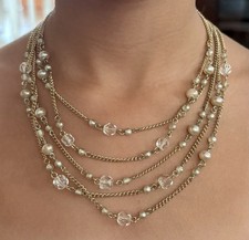 Vintage Japan Necklace 5 Strand Gold Tone Chain With Faux Pearl & Clear Beads Pearl Ketting price