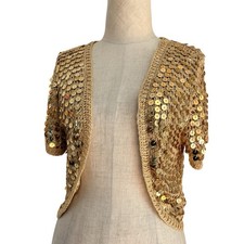 Vintage Y2K  unbranded Knit Shrug Bolero Gold Sequins Small Fairy Mermaid Crop Bolero price