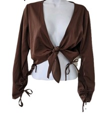 F21 Womens Top M Y2K Grunge Fairy Bolero Brown Cropped Boho Satin Wrap Ruched Bolero price