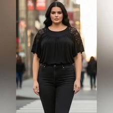Lane Bryant SZ 28 Black Short Bat  Sleeve Crochet Detail Round Neck Blouse Blouse price