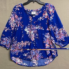 St John's Bay Floral Hi-Low Top Blouse 3/4 Sleeve Loose Fit  Size Large V-Neck Blouse price