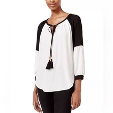 XOXO Blouse Women's Juniors' Color Block 2 Tone Black White Peasant Top Medium Blouse price