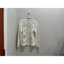 KIKIT Knitwear White Zip Cardigan Star Snowflake Beaded Sequin Sweater Womens M Dames trui & vest & gebreide kleding price
