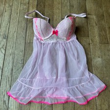 Victoria's Secret Babydoll Lingerie 34C Lace Trim Mesh Ruffle Pink Y2K Romantic Babydoll price