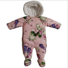 Ted Baker Snowsuit Baby 6-9 Months Pink Floral Insect Flower Fur Lined Hood Zip Baby Snowsuit price