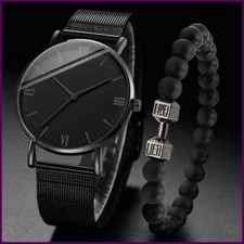 2PCS Men's Watch Fashion Roma Quartz Watches Steel Mesh Band Wristwatches Wristwatches price