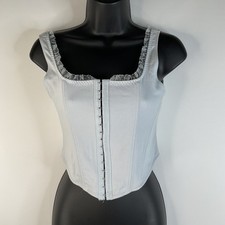 Altar'd State Clara Womens Corset Top Light Blue Med Cropped Square Neck Ruffled Corset price