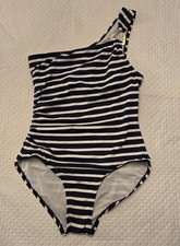 Michael Kors One Shoulder Navy White Striped Ruched One-Piece Swimsuit Sz 12 Swimsuit price