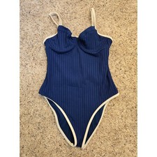 Aerie Real Good Ribbed One Piece Swimsuit Navy Cream Trim Underwire Medium Swimsuit price