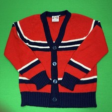70s 80s Vintage Sportease Boys Cardigan Sweater Sz 6 Red Navy Striped Preppy Jongens truien, vesten & knitwear price