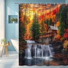 Autumn Landscape Shower Curtain with Waterfall and Cabin Douche Cabin price
