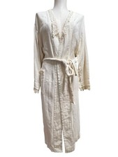 Fisher Henney Womens Organic cotton bathrobe Size Medium Lace Tie Belted Beige Bathrobe price