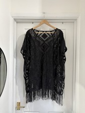 Women’s F&F Black Boho Beach Cover Up Kaftan Kimono Fringed Open Knit Size M Plaj Giysisi price