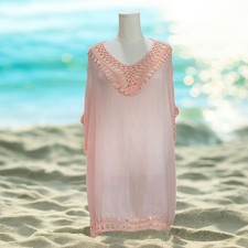 Soft Pink Crochet Trim Beach Cover Up Boho Resort Swim Caftan Cottagecore Tunic Plaj Giysisi price
