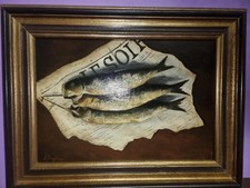 20e-eeuws olieverfschilderij: stilleven met vis op krant, gesigneerd J Creytens Olieverfschilderij price