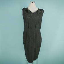 Hugo Boss Size 12 Elbise Gray Pintuck Pleated Embroidered Sheath Wool Dress Elbise price