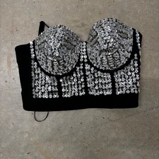 Women Shiny Sequins Silver Black Corset Bustier Top Size Medium Bustier price