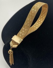 VTG Wide GoldTone Mesh Bracelet Open Work Diamond Scroll Motif Tassel Box Clasp Diamant Armband price