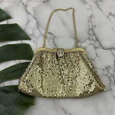 Whiting & Davis Vintage 90s Metal Mesh Clutch Evening Bag Gold Rhinestones Glam Evening Tas price