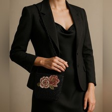 Vintage Black Beaded Evening Bag with Floral Rose Embroidery Evening Tas price