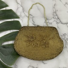 Walborg Vintage 60s Beaded Evening Bag Clutch Gold Floral Small Kiss Lock Purse Evening Tas price