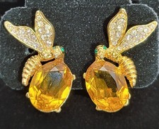 Vtg Wasp Clip-On Earrings w/Large Citrine-Colored Stone & Rhinestone Accents Gekleurde steen Oorbellen price