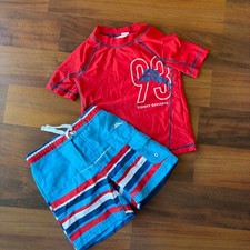 Tommy Bahama Kids 2T Red Rash Guard and Blue Striped Swim Trunks Set Jongens strandkleding price