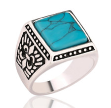 SQUARE TURQUOISE COLORED STONE RING engraved unisex blue jewelry western Brx027 Gekleurde steen Ring price