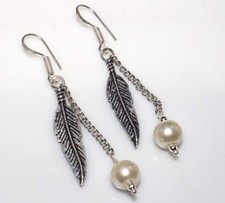 Beaded Leaf Pearl 925 Silver Plated Earrings 2.3" Winter Party Jewelry AU A901 Pearl Oorbellen price