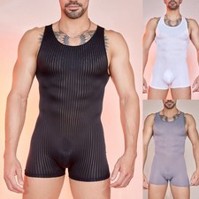 Mens Striped See Through Bodysuit Sleeveless Jumpsuit for Bodybuilding Heren jumpsuit price