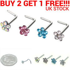 Flower Gem Nose Stud Surgical Steel Ring Hoop Pin Piercing Bone End L shape UK Nose Stud price