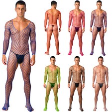 UK Men's Sexy Fishnet Lingerie Jumpsuits Hollow Rompers Bodysuit Bodystockings Men's Bodysuit price