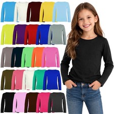 KIDS CREW NECK PLAIN TOP GIRLS BOYS LONG SLEEVE TEE T SHIRT FIT PE TOPS VEST Girls' Shirt price